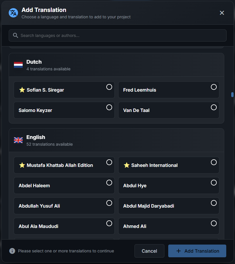 Quran Caption Translations - Over 40 Languages Available